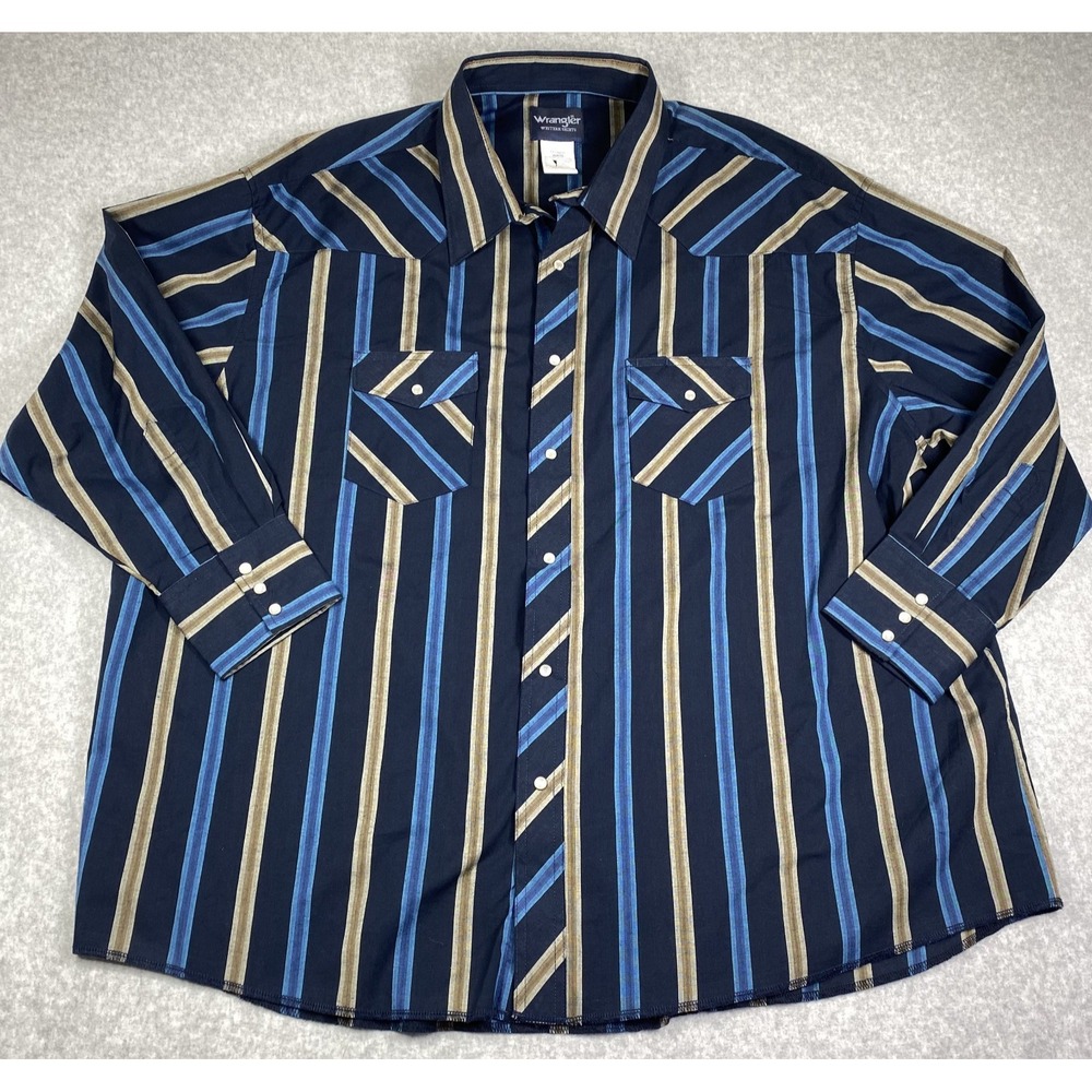 Wrangler Western Shirt Men 20x35 Navy Blue Striped Excellent Pearl Snap Long SLV